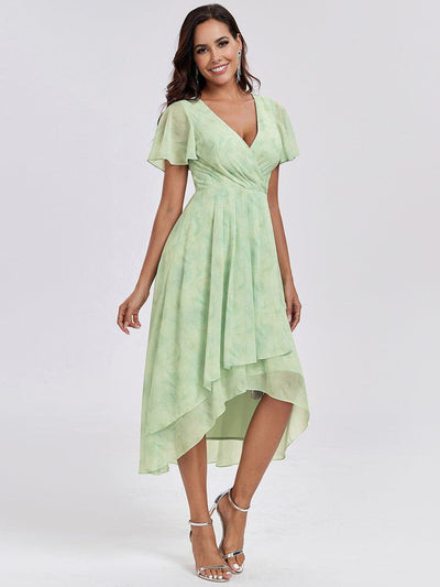 ever LARK|Ruffles Sleeve Pleated V-Neck A-Line Midi Chiffon Wedding Guest Dress