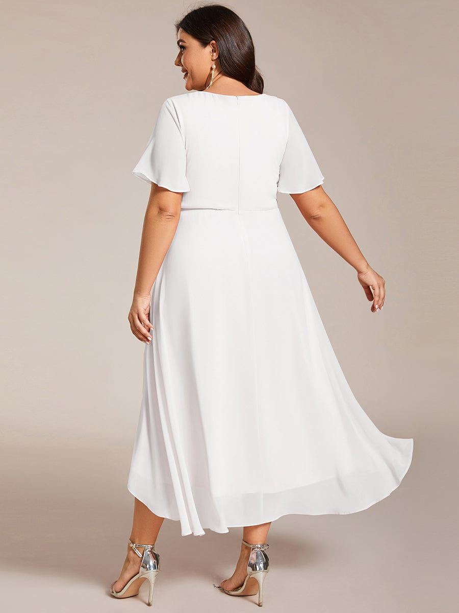 Plus Size Chiffon Short Sleeves Pleated V-Neck A-Line Midi Wedding Guest Dress