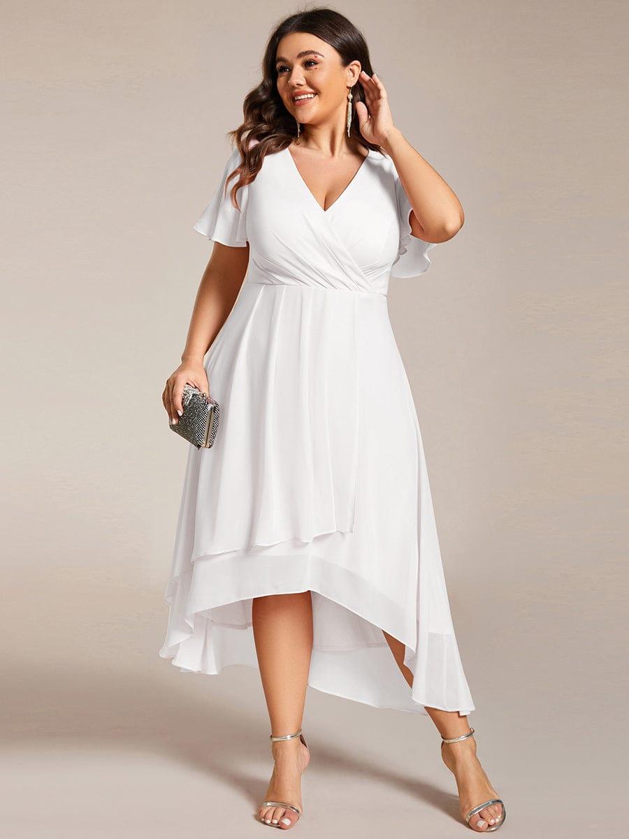 Ruffles Sleeve Pleated V-Neck A-Line Midi Chiffon Wedding Guest Dress #color_White