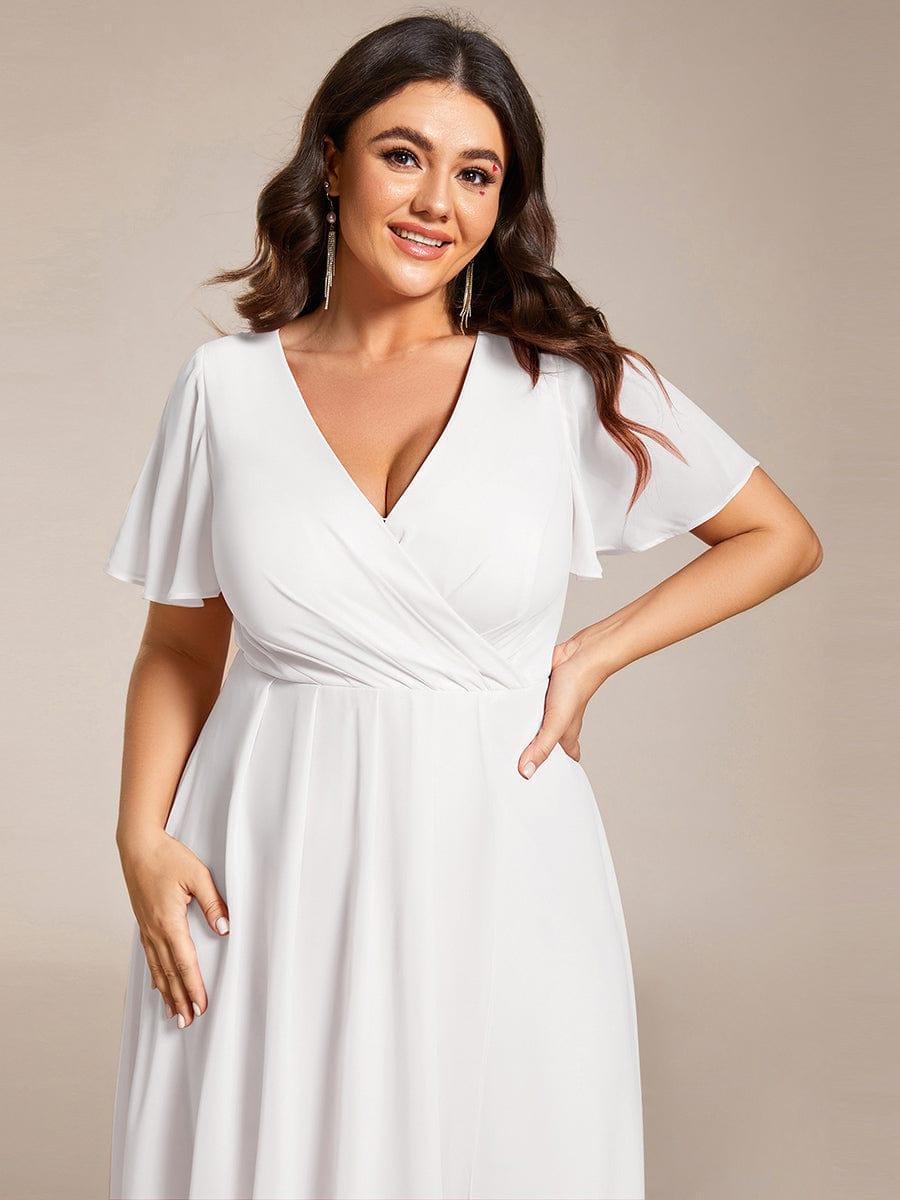 Ruffles Sleeve Pleated V-Neck A-Line Midi Chiffon Wedding Guest Dress #color_White