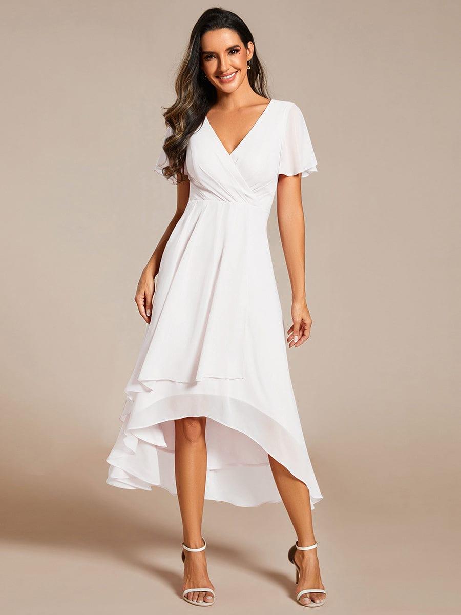 Ruffles Sleeve Pleated V-Neck A-Line Midi Chiffon Wedding Guest Dress #color_White