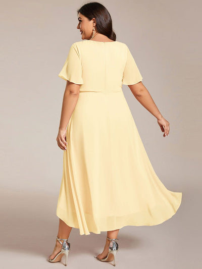 Plus Size Chiffon Short Sleeves Pleated V-Neck A-Line Midi Wedding Guest Dress  #color_Yellow