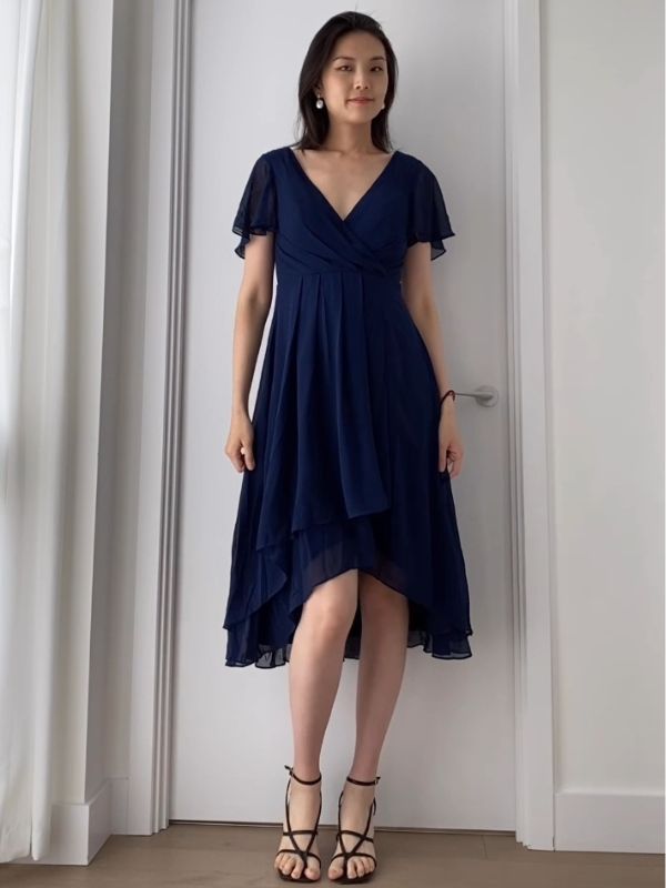 ever LARK|Pleated Chiffon Ruffles Sleeve Midi Semi Formal Dress Fan Photos 2
