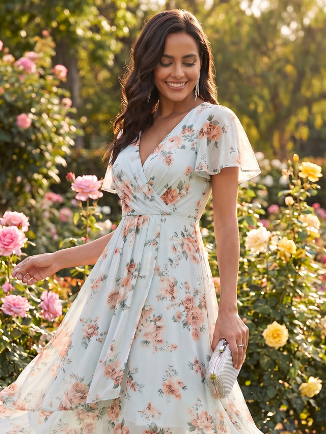 Deep V-Neck Chiffon Ruffle Sleeve Wedding Guest Dress