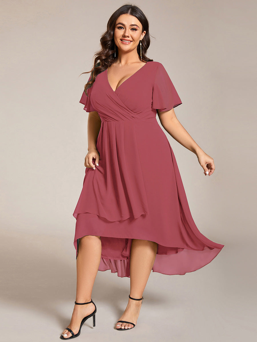 Deep V-Neck Chiffon Ruffle Sleeve Wedding Guest Dress #color_Cameo Brown