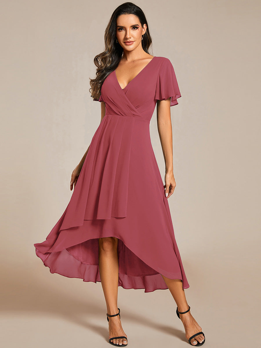 Deep V-Neck Chiffon Ruffle Sleeve Wedding Guest Dress #color_Cameo Brown
