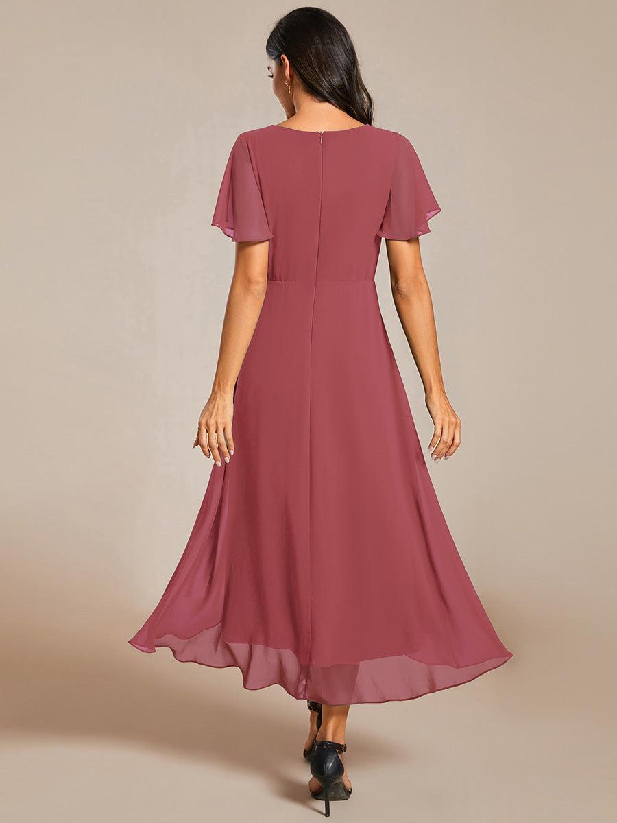 Deep V-Neck Chiffon Ruffle Sleeve Wedding Guest Dress #color_Cameo Brown