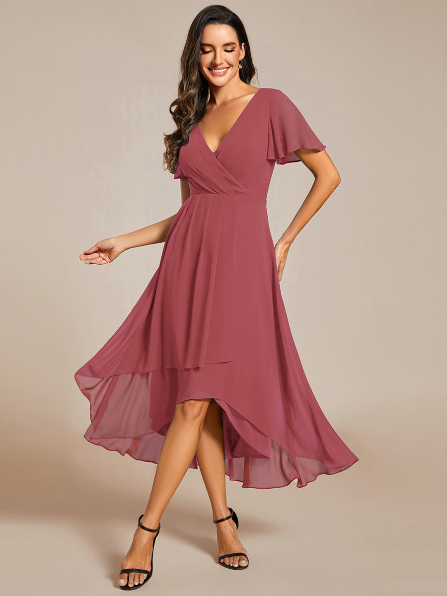 Deep V-Neck Chiffon Ruffle Sleeve Wedding Guest Dress #color_Cameo Brown