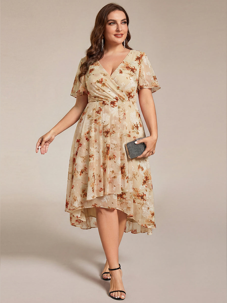 Plus Size Chiffon Short Sleeves Pleated V-Neck A-Line Midi Wedding Guest Dress #color_Champagne Print