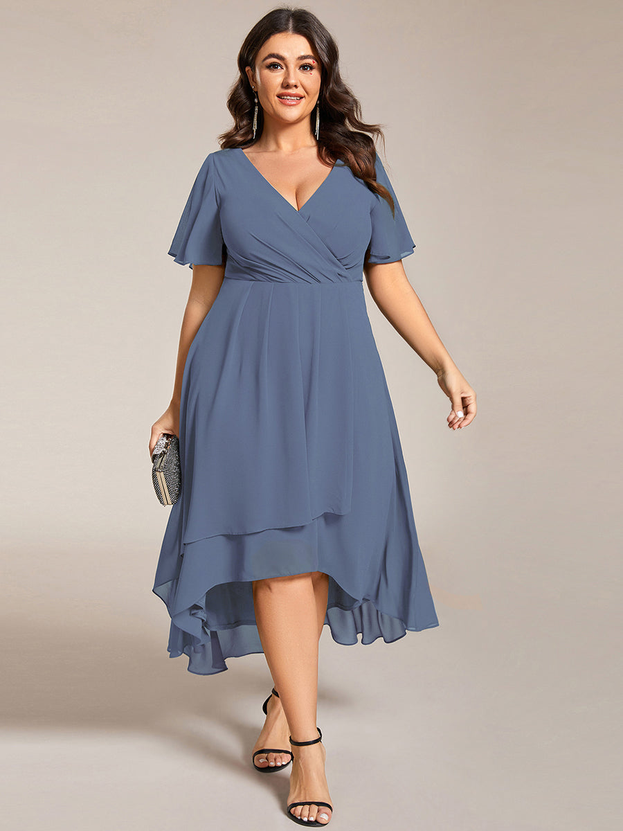 Deep V-Neck Chiffon Ruffle Sleeve Wedding Guest Dress #color_Dusty Blue