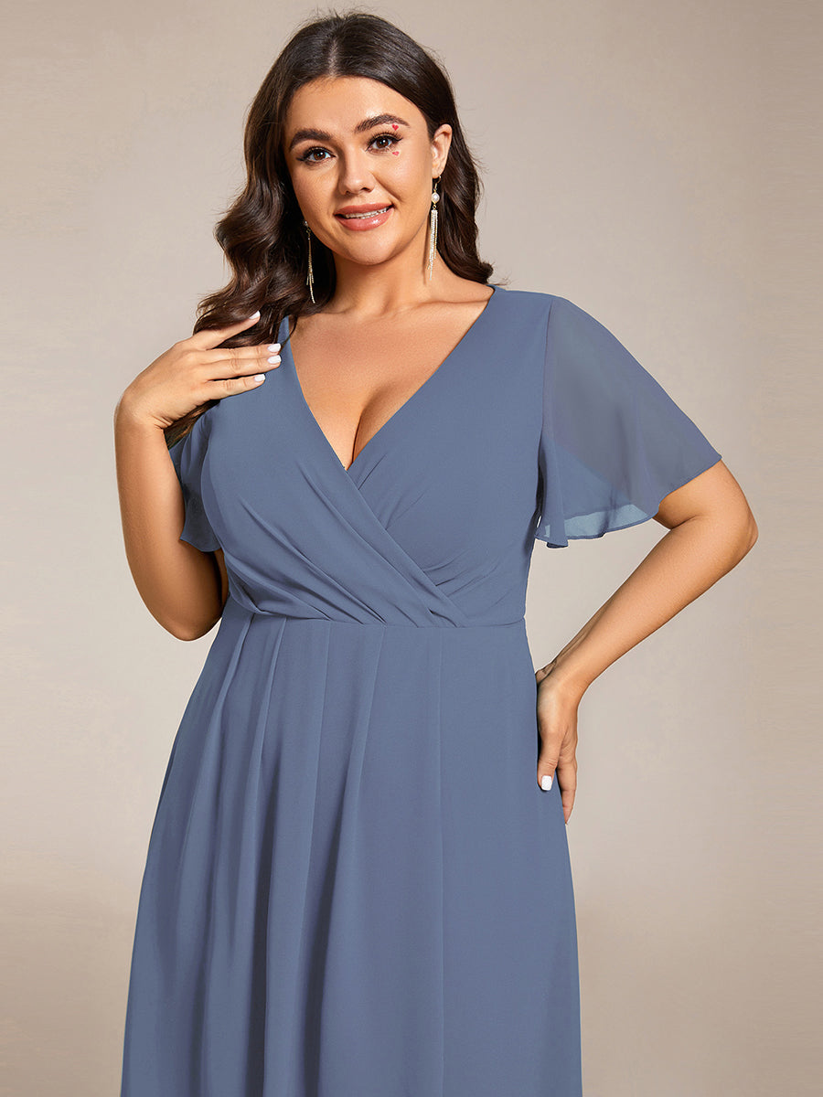 Deep V-Neck Chiffon Ruffle Sleeve Wedding Guest Dress #color_Dusty Blue