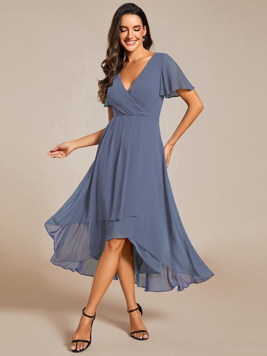 Deep V-Neck Chiffon Ruffle Sleeve Wedding Guest Dress #color_Dusty Blue