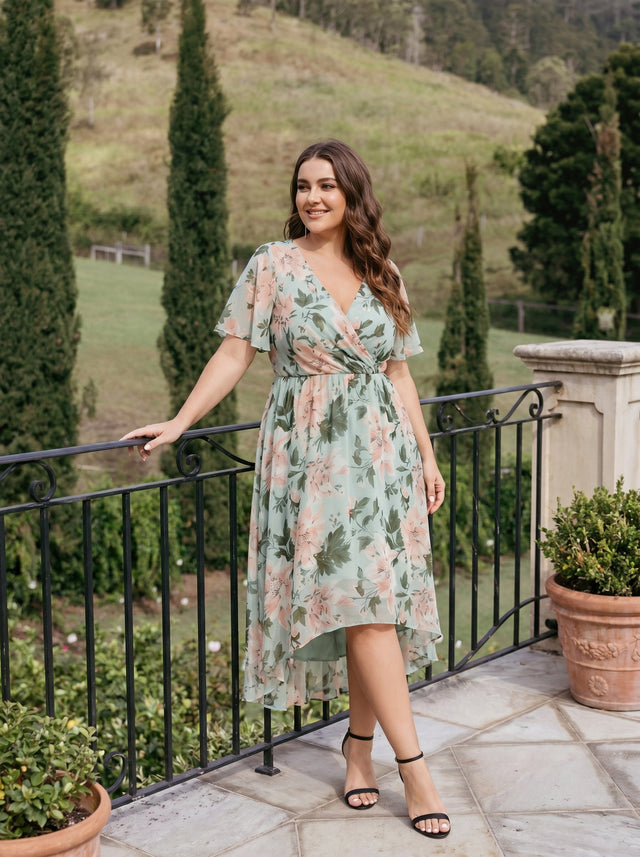 pretty LARK|Plus Size Chiffon Short Sleeves Pleated V-Neck A-Line Midi Wedding Guest Dress Fan Photos 1
