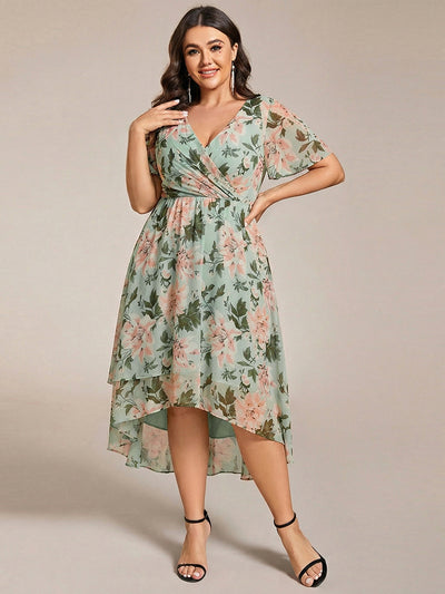 pretty LARK|Plus Size Chiffon Short Sleeves Pleated V-Neck A-Line Midi Wedding Guest Dress