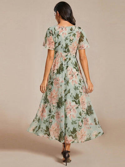 Deep V-Neck Chiffon Ruffle Sleeve Wedding Guest Dress #color_Light Green Floral
