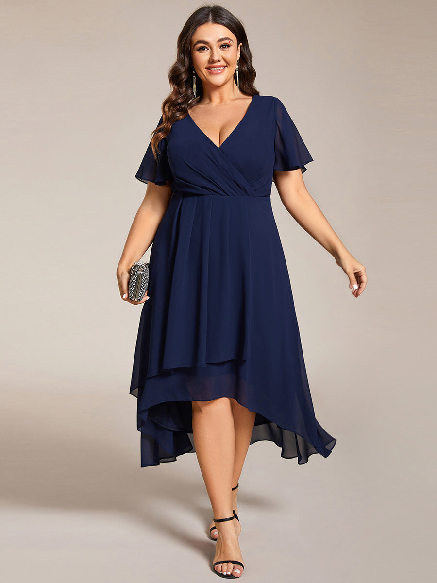 Deep V-Neck Chiffon Ruffle Sleeve Wedding Guest Dress #color_Navy Blue