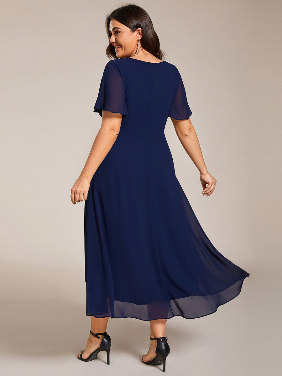 Deep V-Neck Chiffon Ruffle Sleeve Wedding Guest Dress #color_Navy Blue