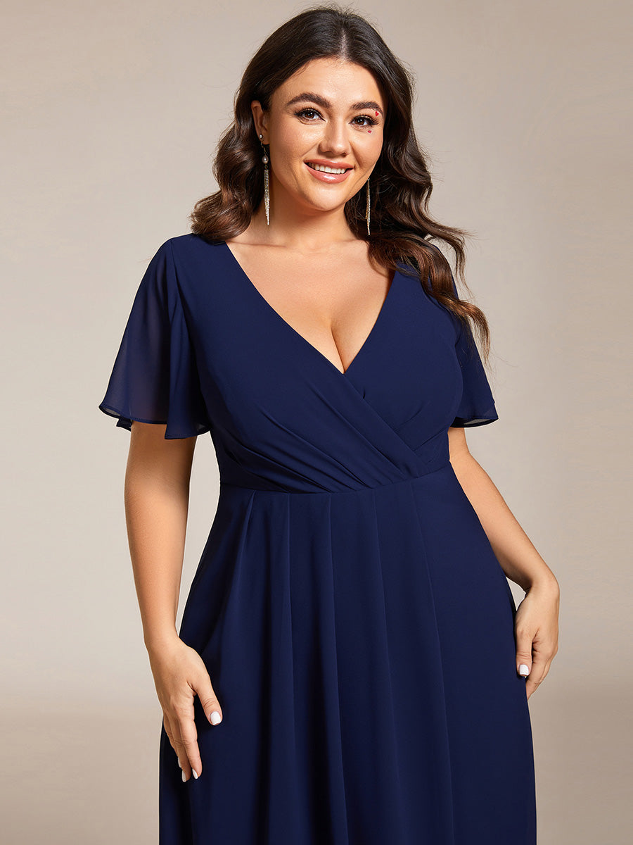 Deep V-Neck Chiffon Ruffle Sleeve Wedding Guest Dress #color_Navy Blue