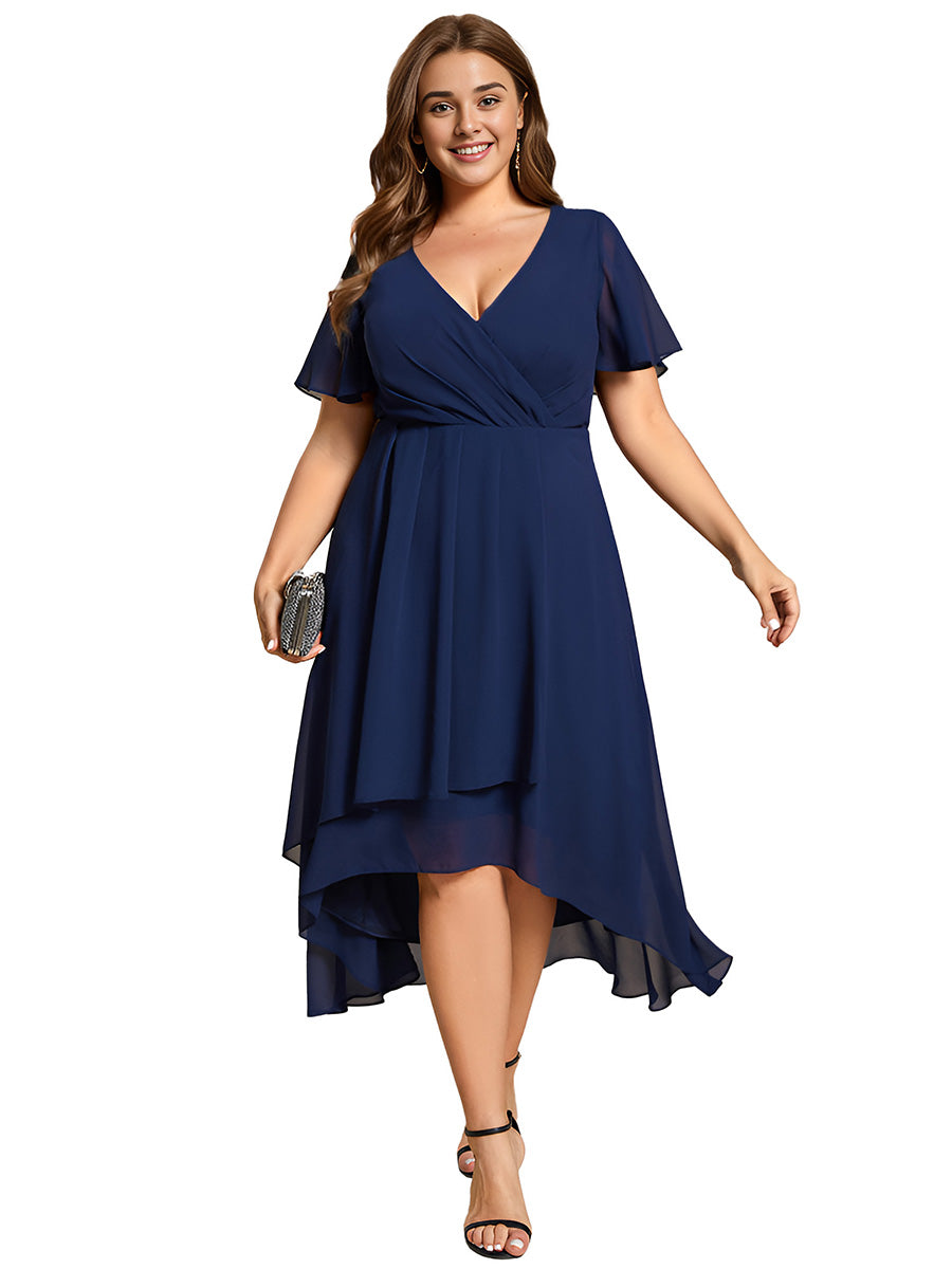 Deep V-Neck Chiffon Ruffle Sleeve Wedding Guest Dress #color_Navy Blue