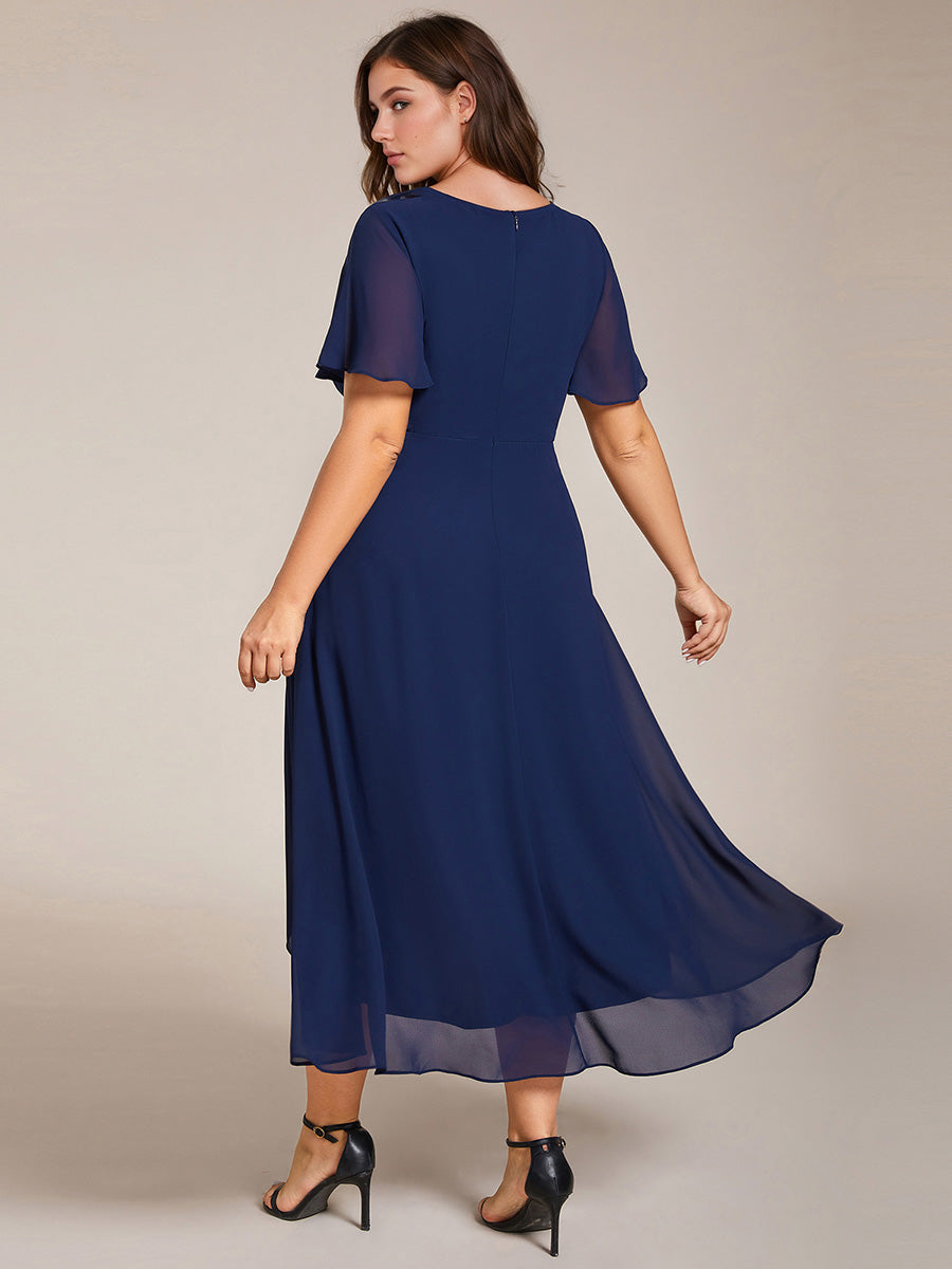 Deep V-Neck Chiffon Ruffle Sleeve Wedding Guest Dress #color_Navy Blue