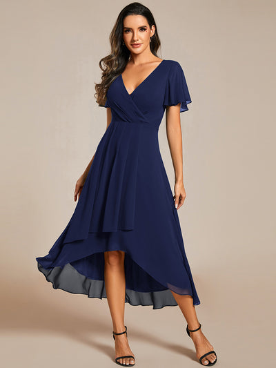 Deep V-Neck Chiffon Ruffle Sleeve Wedding Guest Dress