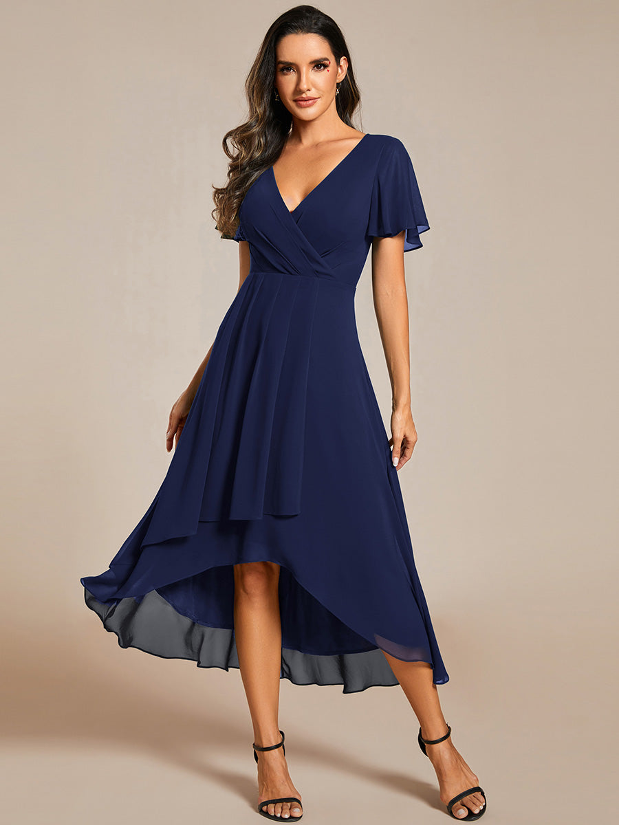 Deep V-Neck Chiffon Ruffle Sleeve Wedding Guest Dress #color_Navy Blue