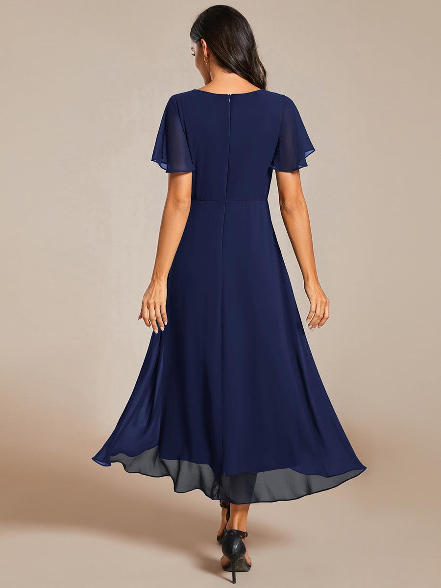 Deep V-Neck Chiffon Ruffle Sleeve Wedding Guest Dress #color_Navy Blue