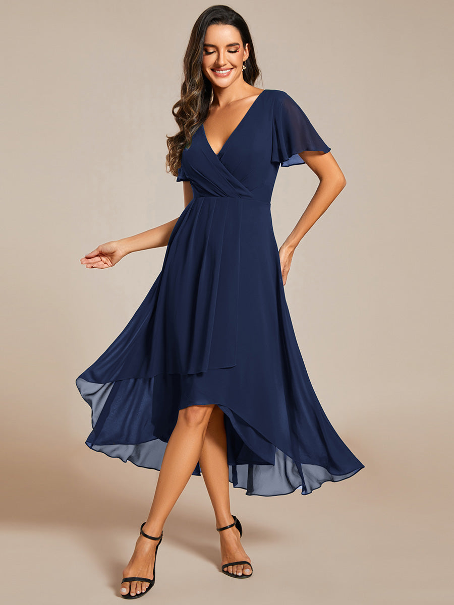 Deep V-Neck Chiffon Ruffle Sleeve Wedding Guest Dress #color_Navy Blue