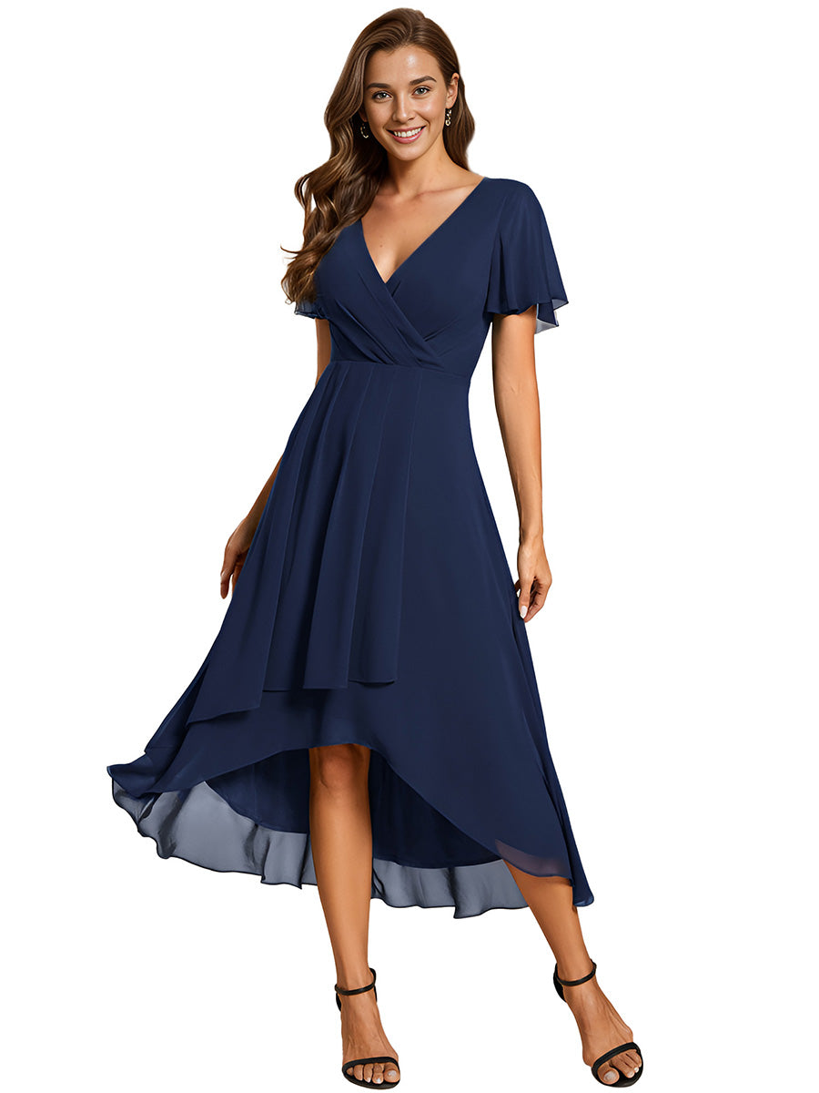 Deep V-Neck Chiffon Ruffle Sleeve Wedding Guest Dress #color_Navy Blue