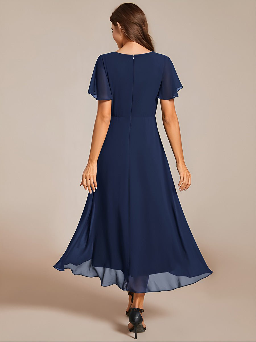 Deep V-Neck Chiffon Ruffle Sleeve Wedding Guest Dress #color_Navy Blue