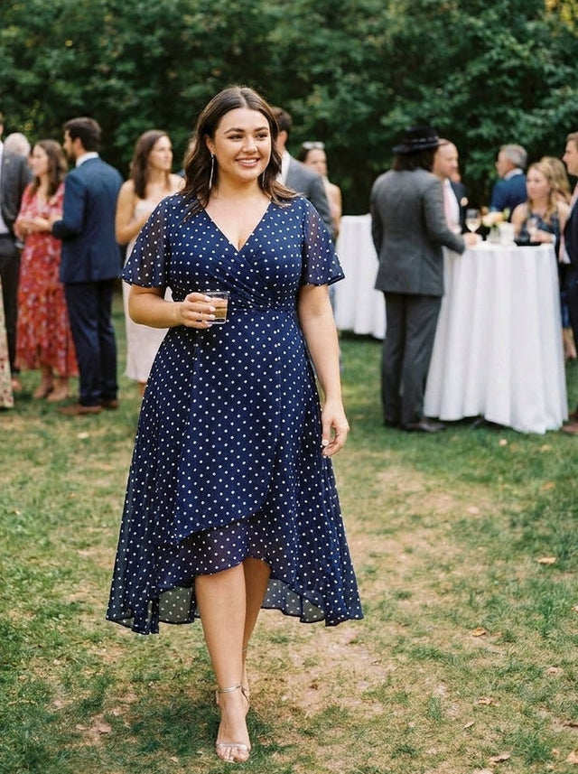pretty LARK|Plus Size Chiffon Short Sleeves Pleated V-Neck A-Line Midi Wedding Guest Dress Fan Photos 18

