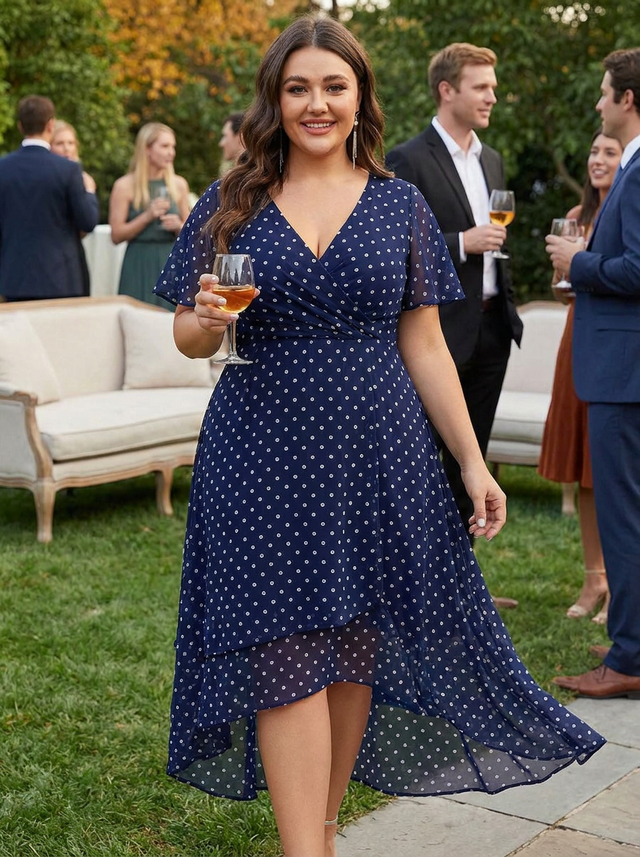 pretty LARK|Plus Size Chiffon Short Sleeves Pleated V-Neck A-Line Midi Wedding Guest Dress Fan Photos 14
