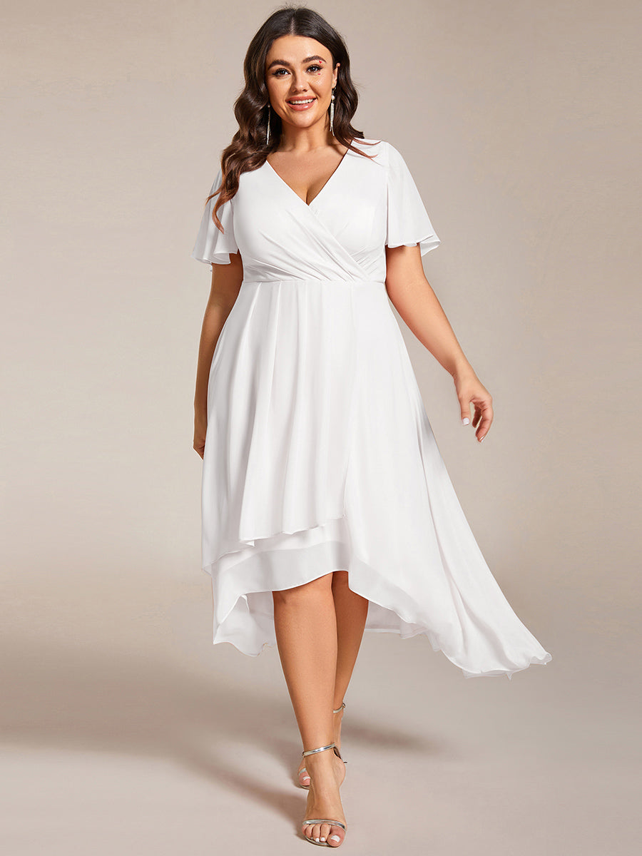 Deep V-Neck Chiffon Ruffle Sleeve Wedding Guest Dress #color_White