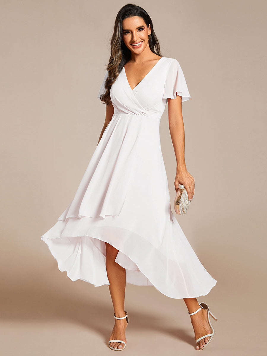 Deep V-Neck Chiffon Ruffle Sleeve Wedding Guest Dress #color_White