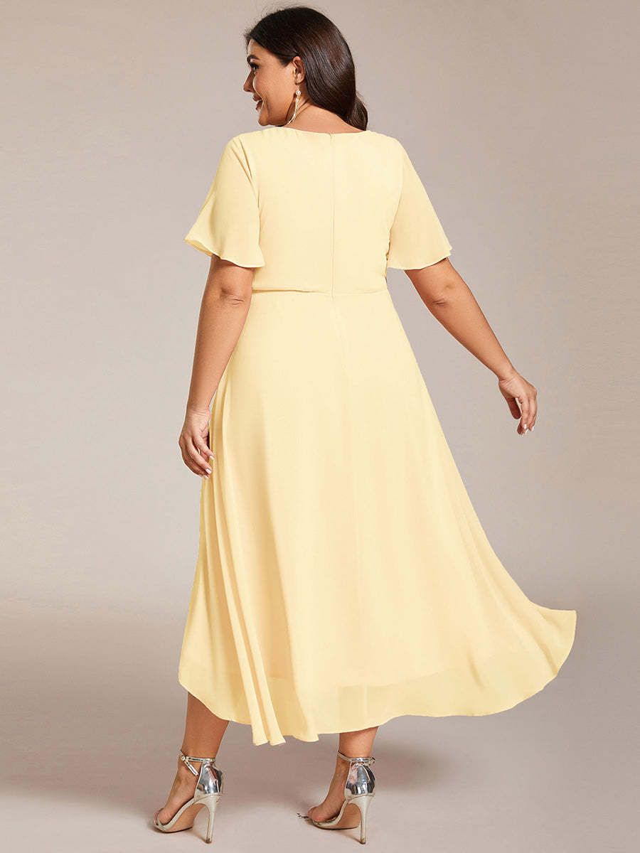 Deep V-Neck Chiffon Ruffle Sleeve Wedding Guest Dress #color_Yellow