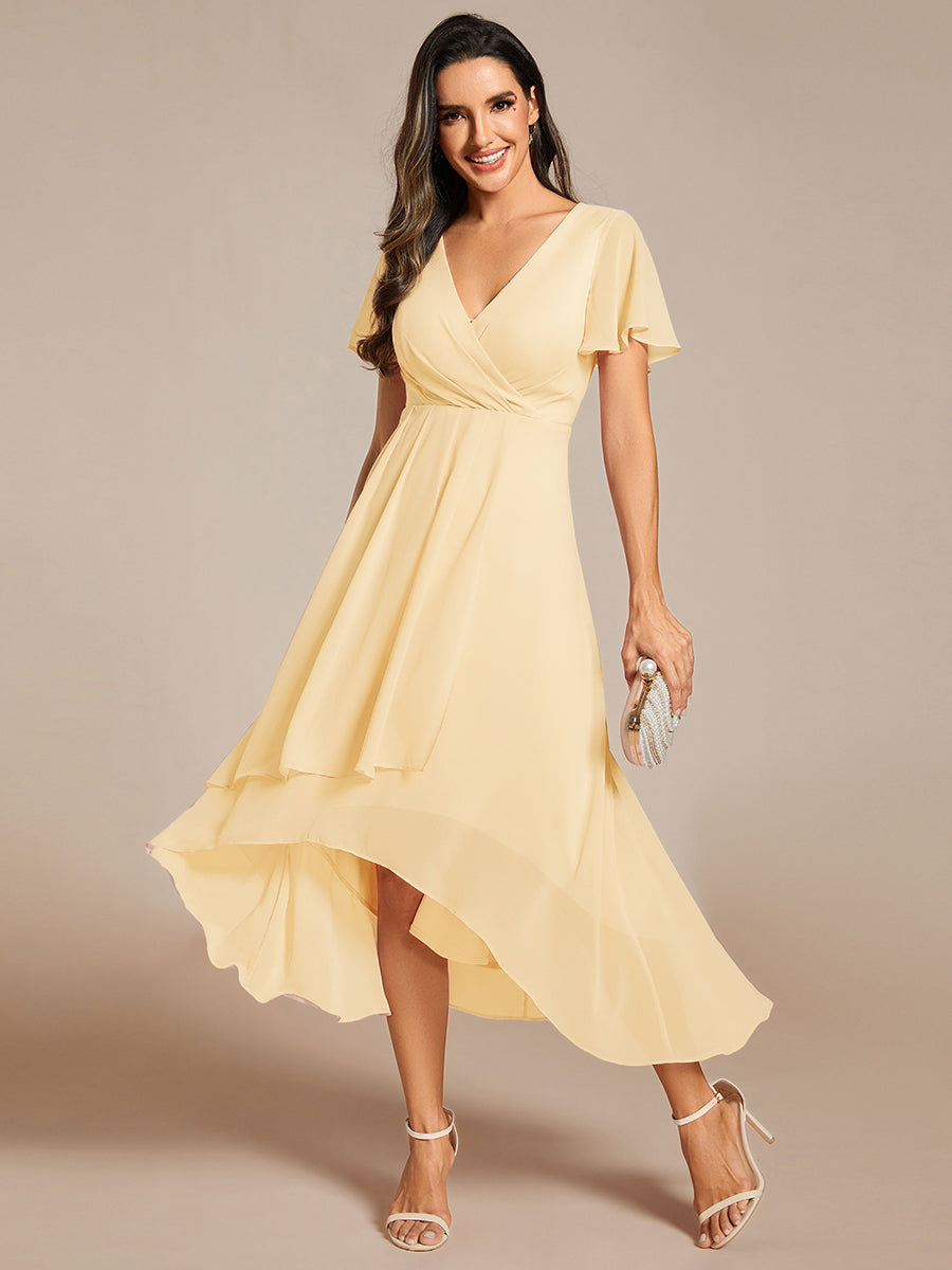Deep V-Neck Chiffon Ruffle Sleeve Wedding Guest Dress #color_Yellow