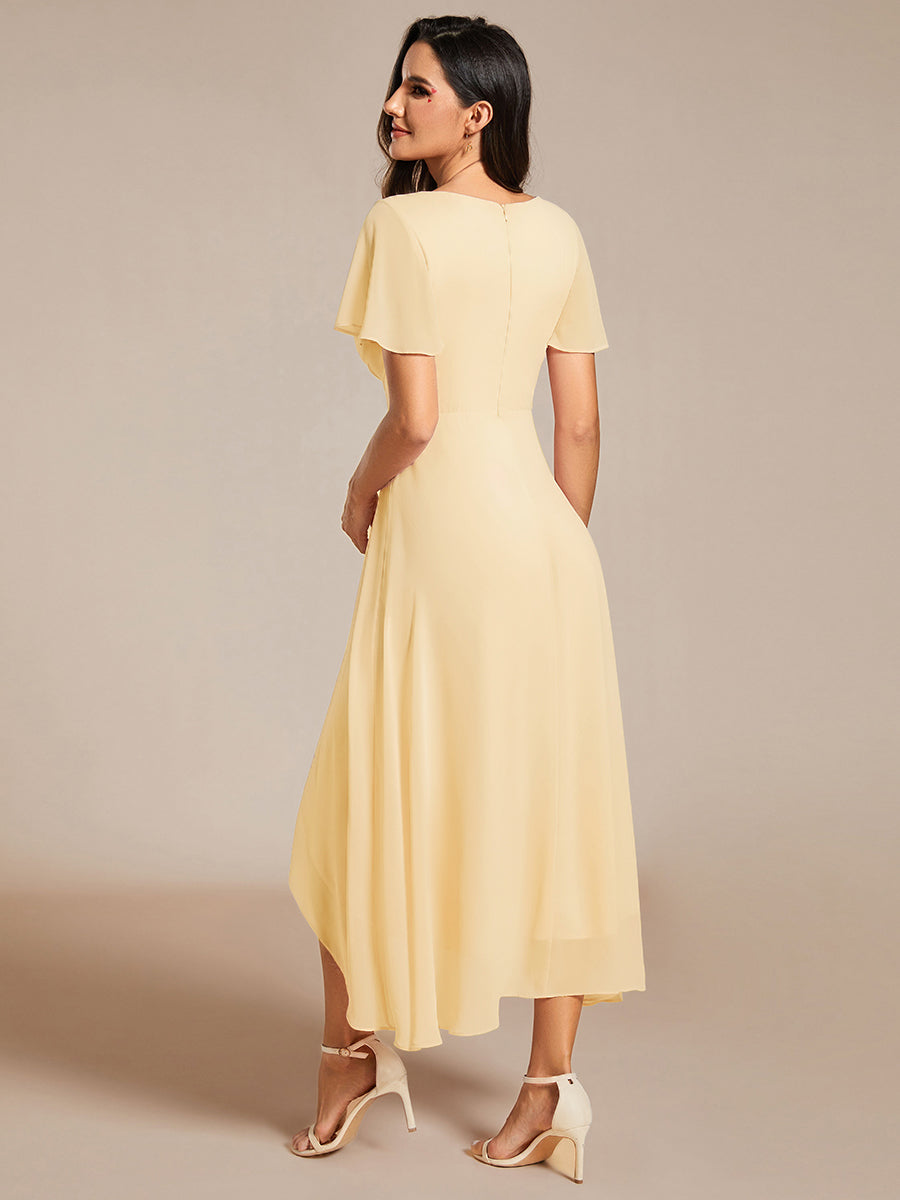 Deep V-Neck Chiffon Ruffle Sleeve Wedding Guest Dress #color_Yellow