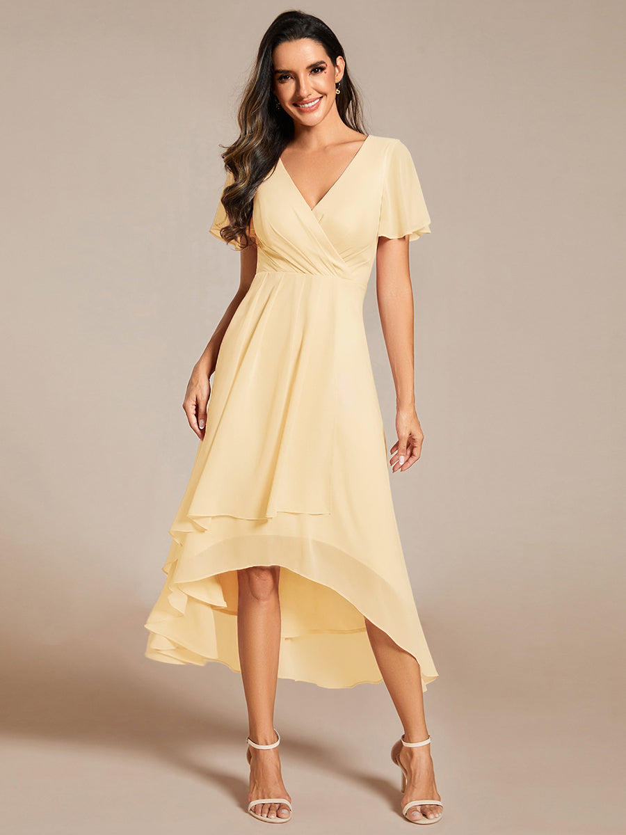 Deep V-Neck Chiffon Ruffle Sleeve Wedding Guest Dress #color_Yellow