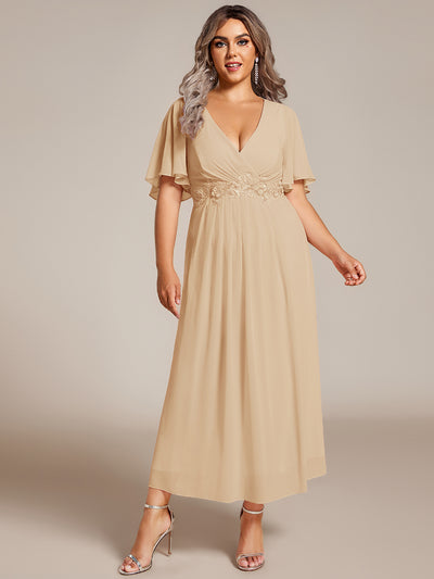 Plus Size Elegant Short Sleeves V-Neck Floral Applique Wedding Guest Dress  #color_Champagne
