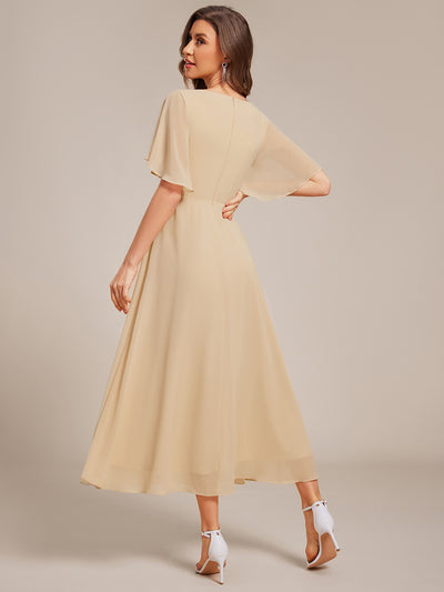 Short Sleeves V-Neck Tea Length Wedding Guest Dress with Floral Applique #color_Champagne