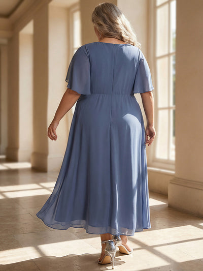 Plus Size Elegant Short Sleeves V-Neck Floral Applique Wedding Guest Dress  #color_Dusty Blue