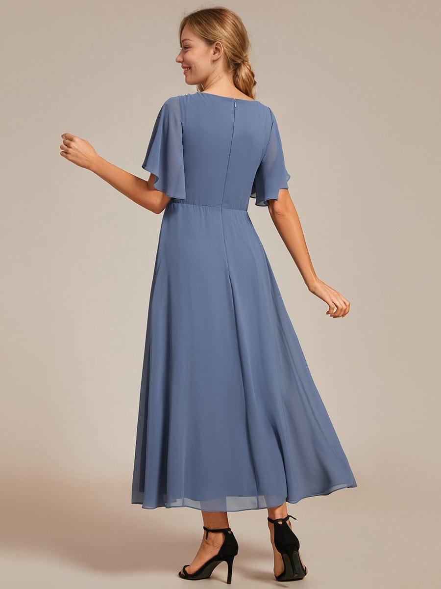 Short Sleeves V-Neck Tea Length Wedding Guest Dress with Floral Applique #color_Dusty Blue