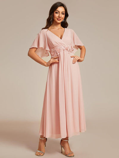 Short Sleeves V-Neck Tea Length Wedding Guest Dress with Floral Applique #color_Pink