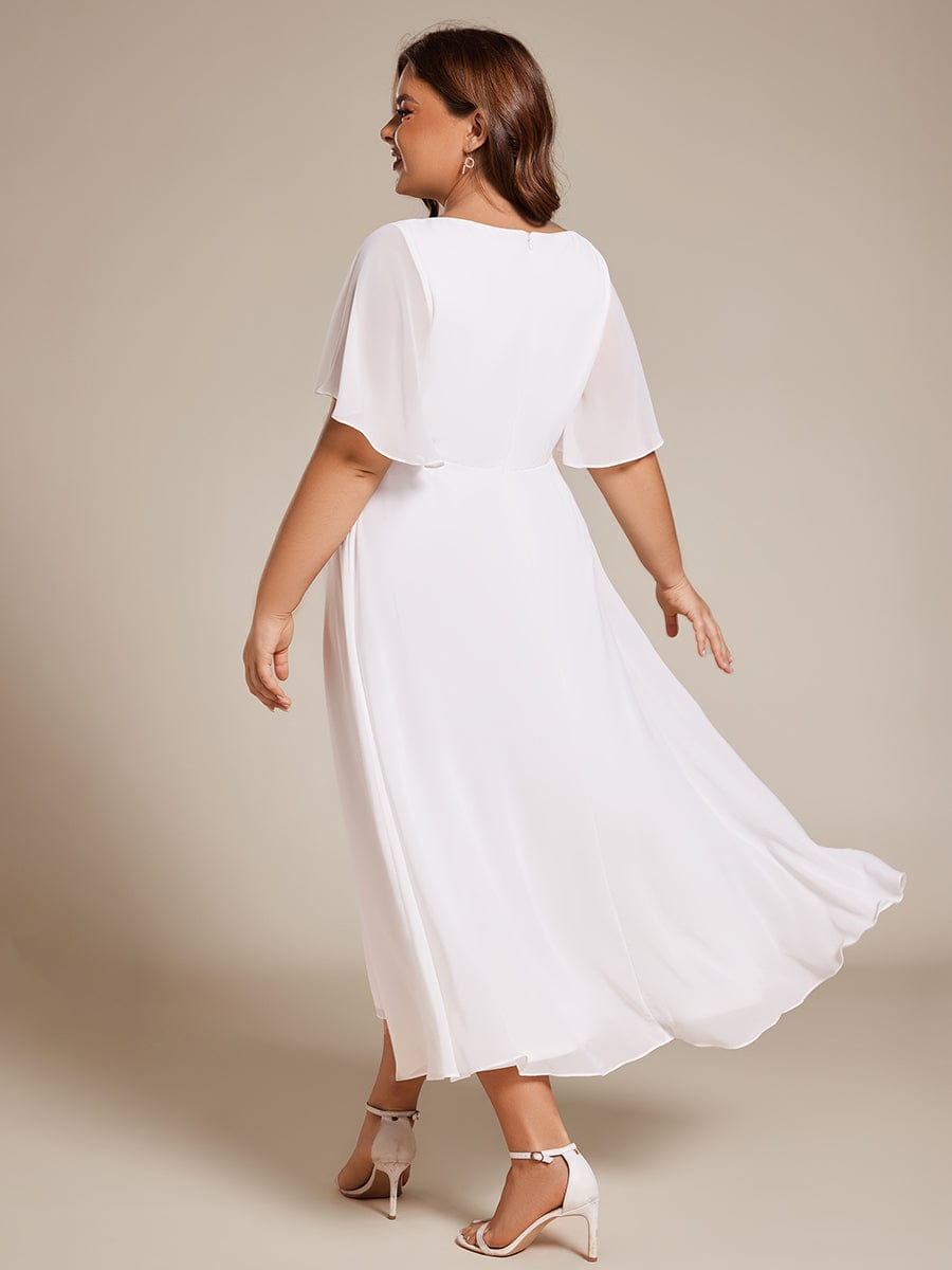 Plus Size Elegant Short Sleeves V-Neck Floral Applique Wedding Guest Dress  #color_White