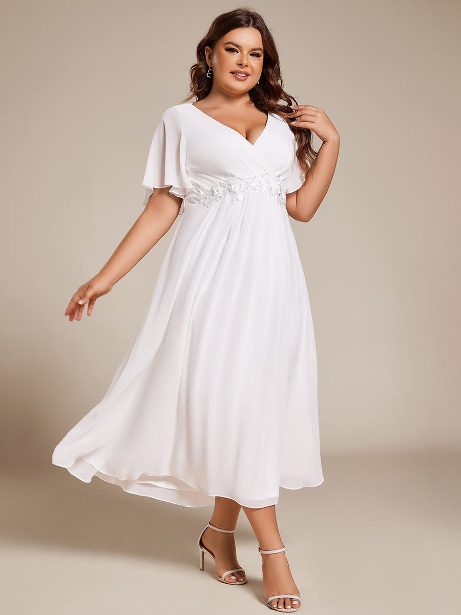 Plus Size Elegant Short Sleeves V-Neck Floral Applique Wedding Guest Dress  #color_White
