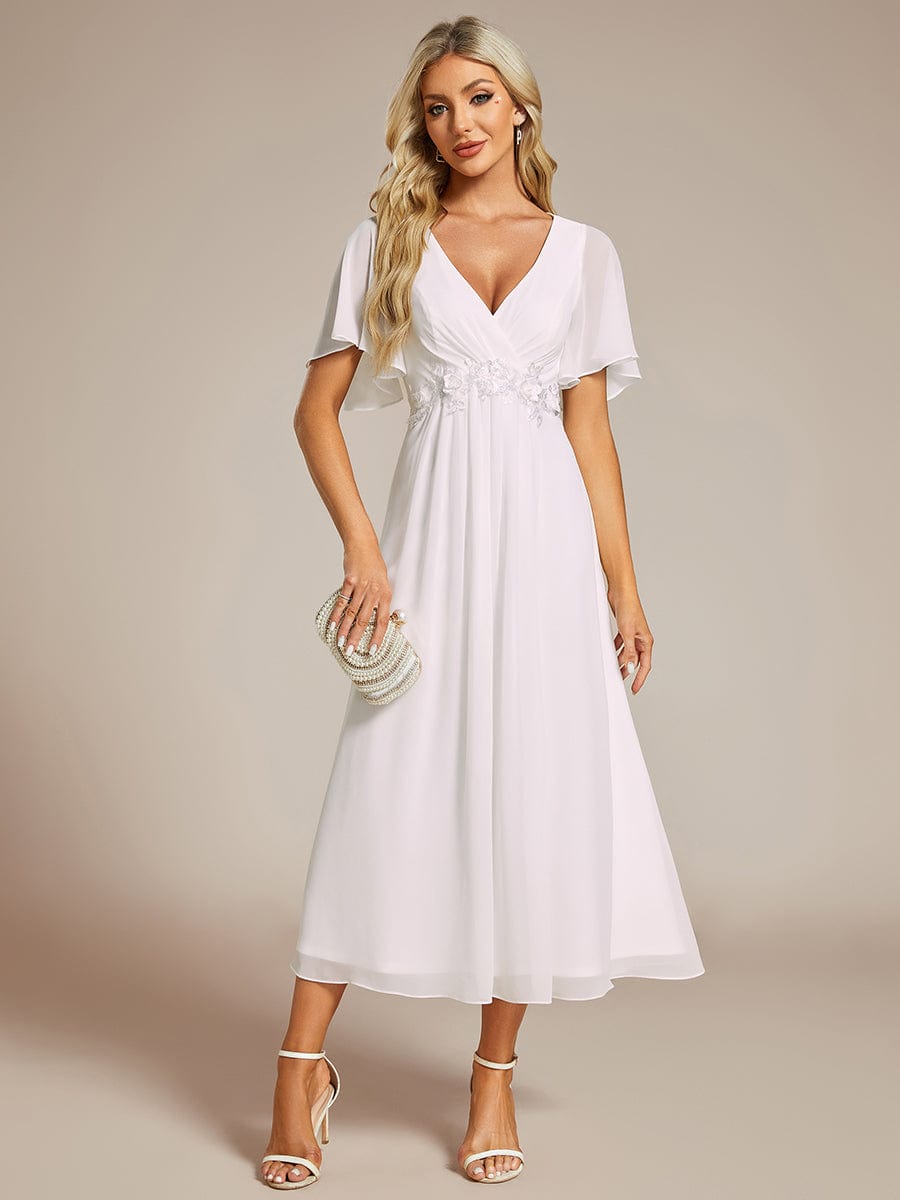 Short Sleeves V-Neck Tea Length Wedding Guest Dress with Floral Applique #color_White