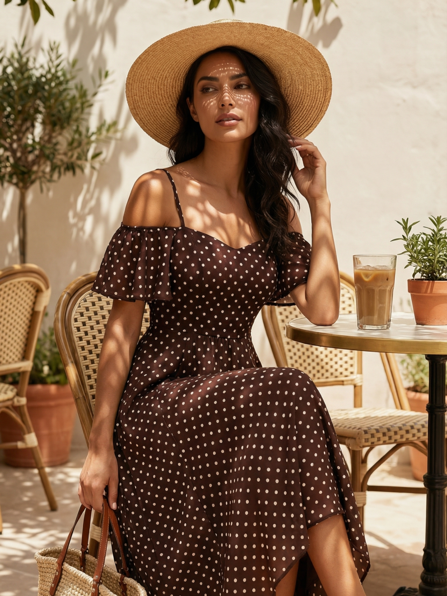 Spaghetti Strap Cold Shoulder Chiffon A-Line Midi Wedding Guest Dress #color_Brown Polka Dots