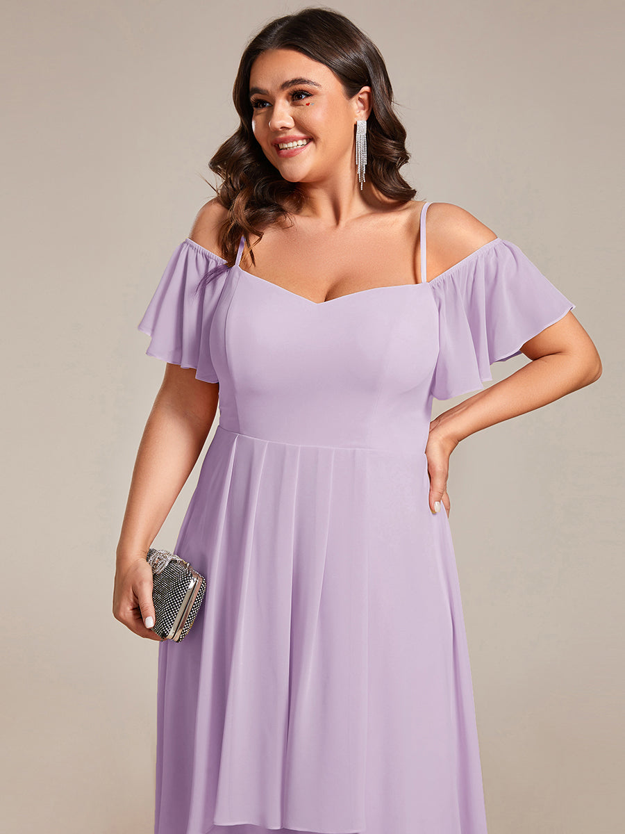 Plus Size Cold Shoulder Sweetheart Necklin Chiffon Midi Wedding Guest Dress #color_Frosted Lilac