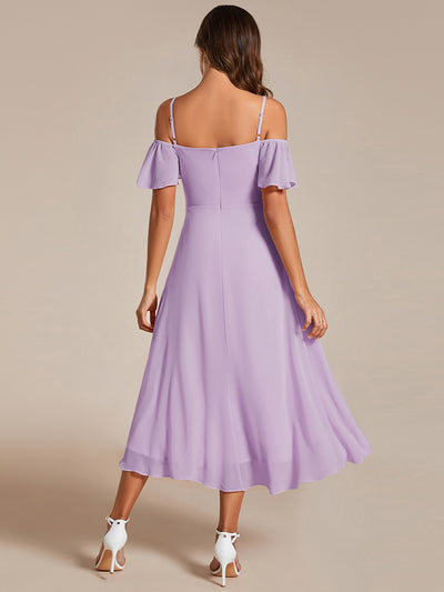 Spaghetti Strap Cold Shoulder Chiffon A-Line Midi Wedding Guest Dress #color_Frosted Lilac