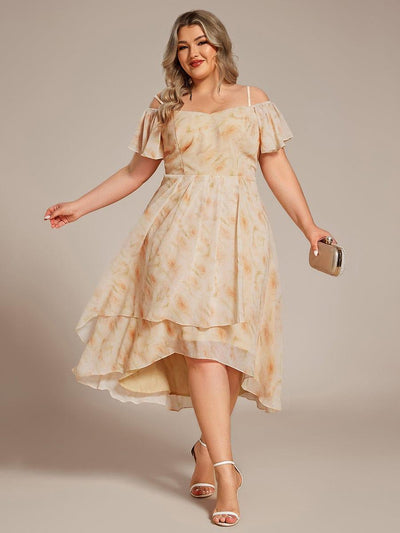 Plus Size Cold Shoulder Sweetheart Necklin Chiffon Midi Wedding Guest Dress #color_Golden Roses